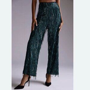 Maeve Anthropologie Emerald Green Sequin Fringe High Waisted Pants Size 10